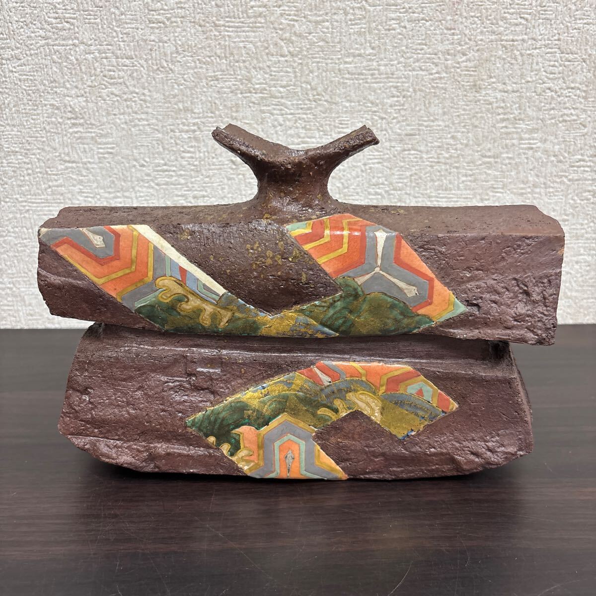中村梅山 造】象嵌色絵扁壷 在銘 飾壺 陶芸家 加賀の仁清 花入