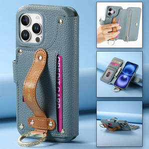 ブルー iPhone16pro用ケース 手帳型 RFID磁気防止 スキミング防止 カードポケット 落ち着いた色 横置き機能 高級PU 気質 全面保護