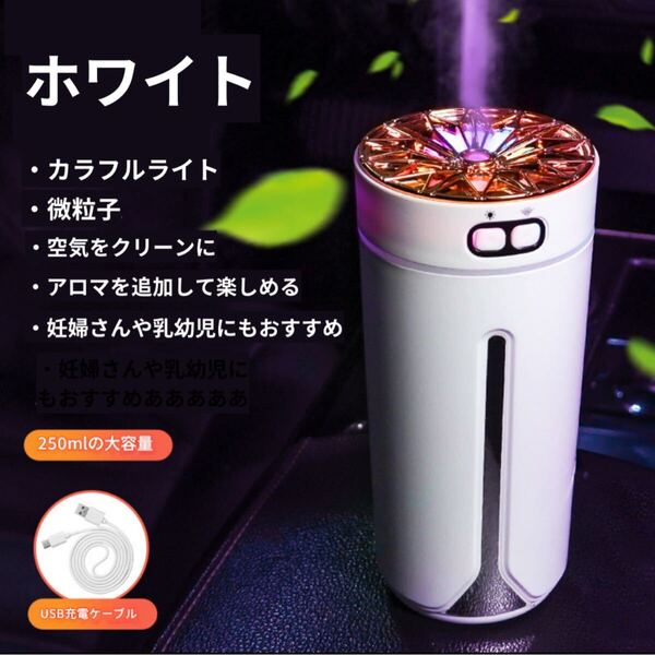 加湿器 LEDイルミネーション 車内アロマディフューザー 充 電式 ホワイト