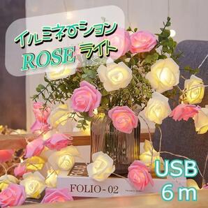 ★SALE★ USB イルミネーションライト ローズ 薔薇 6m ピンク×白