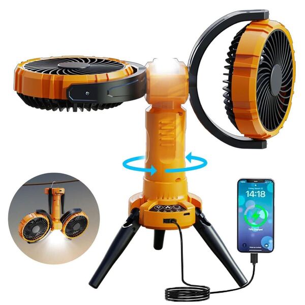 双方向 扇風機 吊り下げ アウトドア 360° 充電式 自動首振り LEDライト 車中泊 キャンプ type-C充電式 強力送風 卓上扇風機 暑さ対策