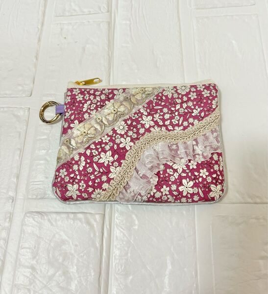 花柄×デニム インド刺繍リボン ミニポーチ コインポーチ ハンドメイド 大人可愛い