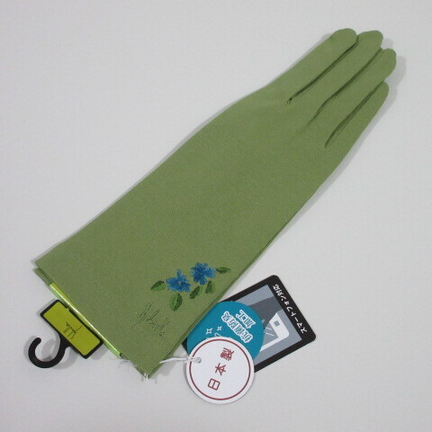 手袋/UV手袋【Sybilla】シビラUV手袋 スマホ対応 抗菌防臭加工 日本製 綿100% 刺繍 花/グリーン