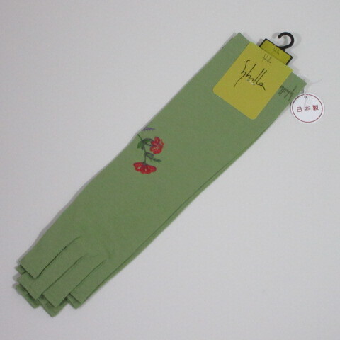 手袋/UV手袋【Sybilla】シビラ 指先なしロングUV手袋 滑り止め付き 日本製 綿100% 刺繍 花/グリーン