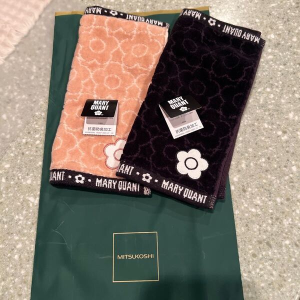 【新品未使用】2枚セット マリークワント MARY QUANT ミニタオル地 ハンカチ ブラック ピンクベージュ 抗菌防臭加工品