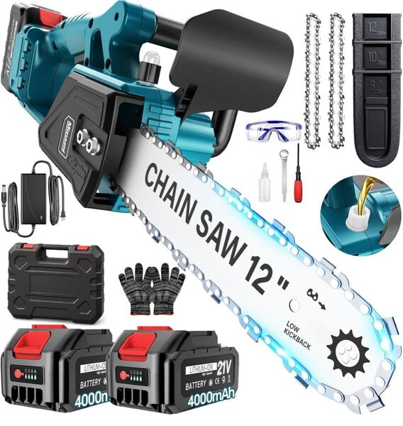 電動チェーンソー 充電式 ブラシレス 12インチ 大容量バッテリー チェンソー ブラシレスモーター 電動ノコギリ 強力 新型 チェーンソー