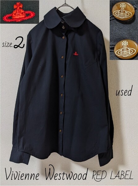 Vivienne Westwood RED LABEL 丸襟 長袖シャツ ブラウス 2 M 黒 オーブ刺繍 オーブボタン ヴィヴィアンウエストウッド レディーストップス