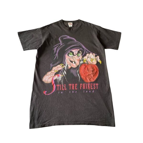90s USA製 Disney 白雪姫 魔女 大判プリントtシャツ ビッグT ブラック Evil Queen ディズニー キャラクター ビッグシルエット ビンテージ