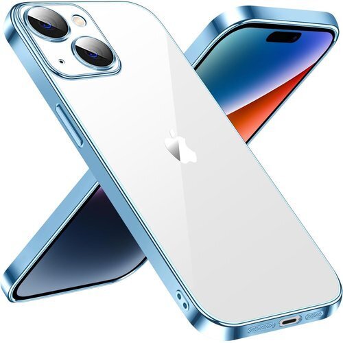 iPhone 15 用 ケース クリア 耐衝撃 iPh 止 落下防止 ストラップホール付き メッキ加工- ブルー 210