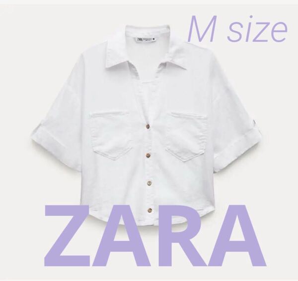 【美品】ZARA 半袖シャツ 麻 リネンシャツ ザラ 白 ホワイト M フロントパッチポケット、ボタンアップフロントホワイト ショートスリーブ