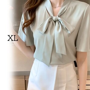 レディース 半袖ブラウス フリル袖 ボウタイネックライン ライトグリーン XL②