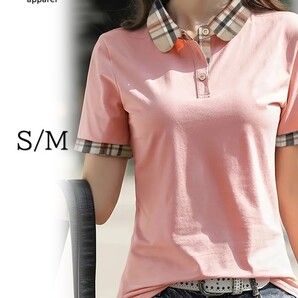 ★レディース 半袖 ポロシャツ プレイドプリントボタンカラー 夏 ピンク S-M