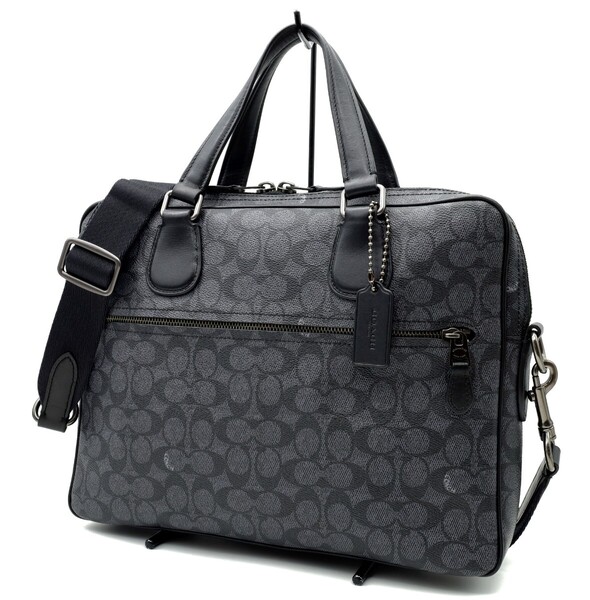 送料無料 美品 COACH コーチ メンズ ブリーフケース ビジネスバッグ ハドソン シグネチャー PVC レザー ブリーフ 54933 ブラック