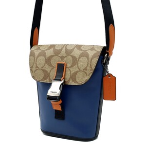 送料無料 超美品 COACH コーチ メンズ ショルダーバッグ トラック スモールフラップ クロスボディー カラーブロック C3133 ブルー