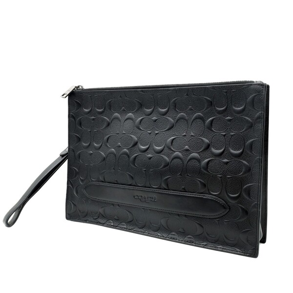 送料無料 美品 COACH コーチ メンズ クラッチバッグ ストラクチャード ポーチ レザー シグネチャー F75914 ブラック