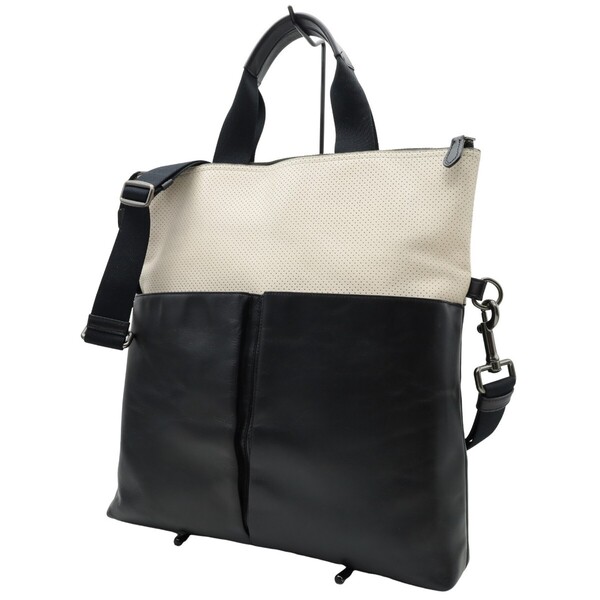 送料無料 超美品 COACH コーチ メンズ トートバッグ チャールズ フォールドオーバー トート パンチングレザー F57569 オフホワイト