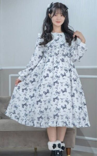 新品 眞白ありす 長袖ワンピース リボン柄 Mサイズ 白×黒 ロリータ 甘カジ お嬢様系 量産型 地雷系 カントリー風 甘ロリ ロングワンピ