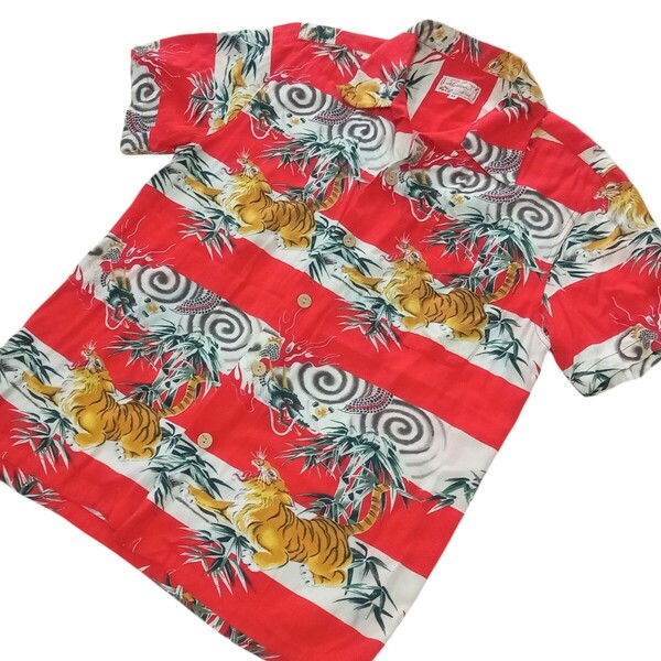 即決★00s ハワイアン シャツ Hawaiian Shirt 虎 龍 柄 アロハシャツ M 赤系 レーヨン タイガー ドラゴン プリント【送料無料】