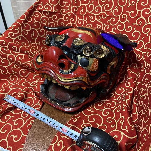 獅子舞 獅子頭 木彫 魔除け 祭 神楽 木製 縁起物 時代物 厄除け 魔除け 置物 縁起物 神楽面 時代物 能面