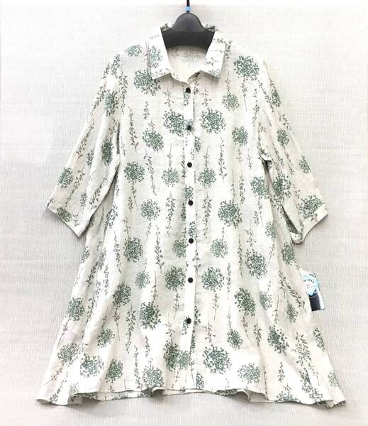 【新品】L婦人 麻100% 7分袖 ロング丈 ブラウス Lサイズ 送料無料 手洗いOK レディース ポケット付き 丈長シャツ 天然素材