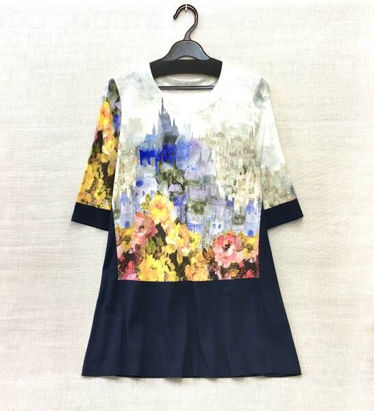 新品】日本製 婦人 5分袖 チュニック丈 薄手 カットソー Mサイズ 綿100% 送料無料 パネルプリント 手洗いOK 夏服 さらさら涼感コットン