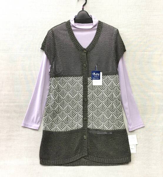 gs【新品】L 春夏 日本製 麻混 ベスト Lサイズ 送料無料 手洗いOK 丈長 袖付き 婦人 前開きベスト 母の日 体型隠し ゆったりサイズ