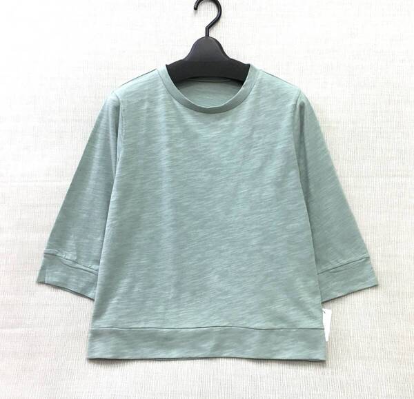 【新品】婦人 綿100% 7分袖 デザイン Tシャツ M-Lサイズ 送料無料 スラブ糸 綿の素朴な風合い 手洗いOK グリーン系 身幅ゆったり目