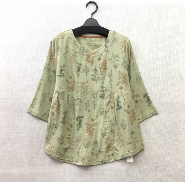 【新品】婦人 7分袖 デザイン Tブラウス M-Lサイズ 綿100% 送料無料 手洗いOK ダブルガーゼ やさしい肌触り プルオーバー