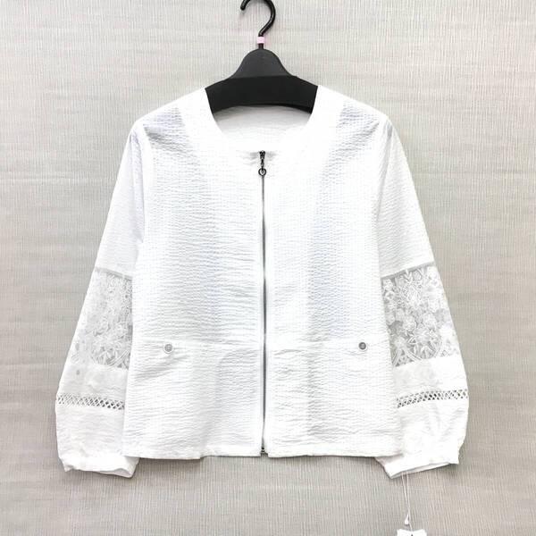 【新品】春夏 ノンカラー ジップ ジャケット 上質サッカー素材 綿100% Mサイズ 送料無料 婦人 手洗いOK お袖レースデザイン 白 ホワイト