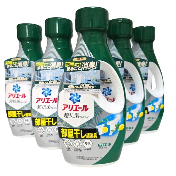 アリエール 洗濯洗剤 液体 超抗菌プレミアム 部屋干し超消臭 天日干し級にさわやかな香り 本体 700g×5