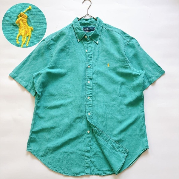 激レア RalphLauren ラルフローレン シルクリネン CLASSIC FIT クラシックフィット 半袖 ボタンダウン BDシャツ ポニー刺繍 L グリーン 緑