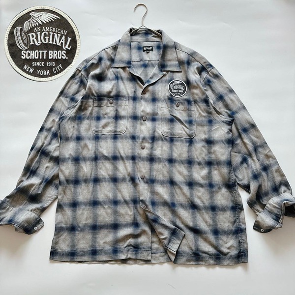 Schott ショット 長袖 オンブレチェック レーヨンシャツ 猫目ボタン オープンカラー ワッペン ボックスシルエット グレー XL ヴィンテージ