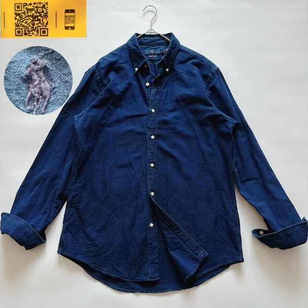 現行QRタグ Ralph Lauren ラルフローレン 長袖 カスタムフィットインディゴシャツ CUSTOM FIT INDIGO 同色ポニー刺繍 L 紺 ネイビー