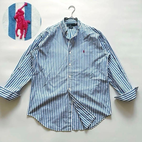 90s Ralph Lauren ラルフローレン 長袖シャツ BLAKE 100%COTTON ブレイク ストライプ ボタンダウン BDシャツ ピンクポニー刺繍 TALK