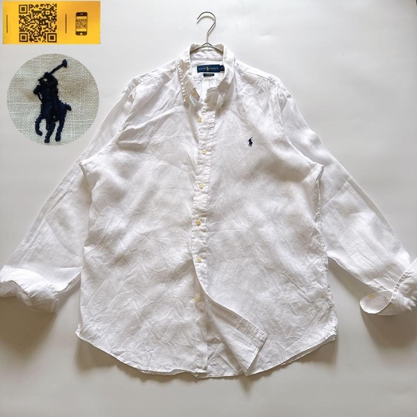 現行QRタグ Ralph Lauren ラルフローレン リネン100% 麻100% 長袖シャツ CLASSIC FIT クラシックフィット ホワイト 白 ポニー刺繍 L