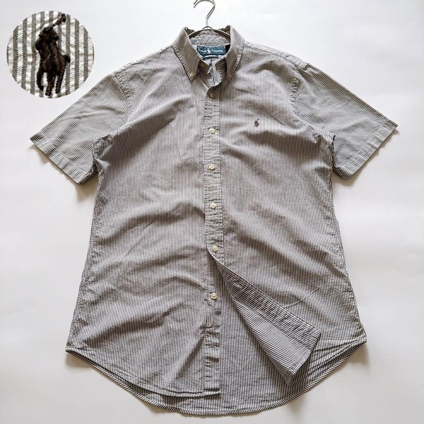 90s Ralph Lauren ラルフローレン シアサッカーシャツ 半袖 グレーストライプ CUSTOM FIT カスタムフィット ボタンダウン ポニー刺繍 S