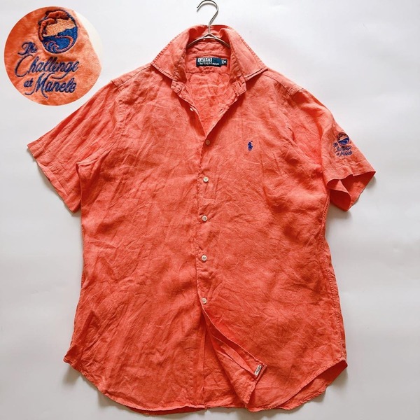 激レア 90s Ralph Lauren ラルフローレン 半袖シャツ リネン100% 麻 オレンジ ロゴ 袖刺繍 ポニー刺繍 The Challenge at Manele M
