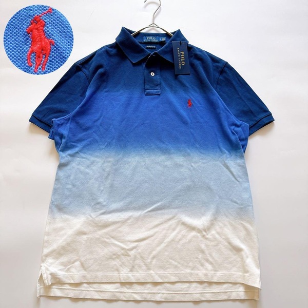新品 POLO RALPH LAUREN ポロラルフローレン 青×白 グラデーションポロシャツ 半袖 CUSTOM SLIM FIT レッドポニー刺繍 L ブルー×ホワイト