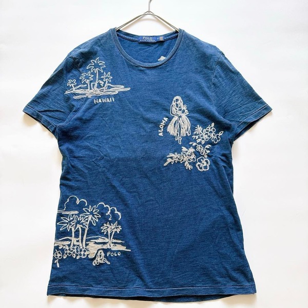 POLO RALPH LAUREN ポロラルフローレン プリントTシャツ 半袖 アロハ柄 南国 ALOHA WAIKIKI ポニーなし インディゴ 藍染 クルーネック