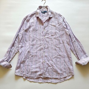 上質リネン RalphLauren ラルフローレン BONNARD ボナール 長袖リネンシャツ 麻100% ストライプシャツ ポニーなし XL ラベンダー パープル