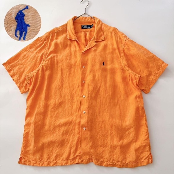 Polo by RalphLauren ポロバイラルフローレン シルクリネン オープンカラー 開襟シャツ 半袖 ポニー刺繍 絹 ヘリンボーン XXL 2XL オレンジ