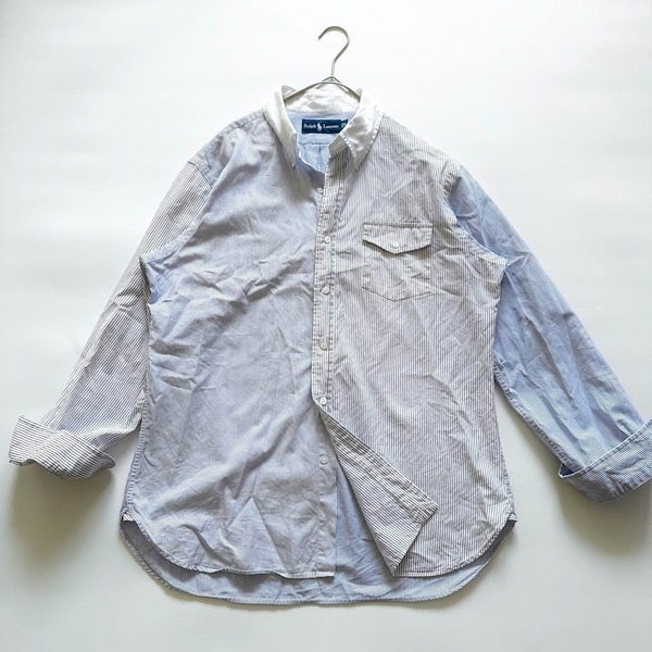 90s 希少 Ralph Lauren ラルフローレン 長袖 クレリックシャツ 4面切替 ブルーストライプ ボタンダウン BDシャツ ポニーなし ポケット