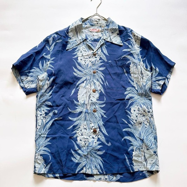 SUN SURF サンサーフ 東洋エンタープライズ アロハ レーヨン 総柄 花柄 ボタニカル ヤシ パイナップル 開襟シャツ オープンカラー ブルー