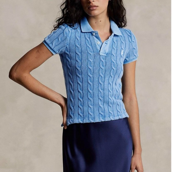 復刻現行 Polo by Ralph Lauren ポロラルフローレン ケーブルニットポロシャツ 半袖ポロシャツ ガーメントウォッシュ加工 ポニー刺繍