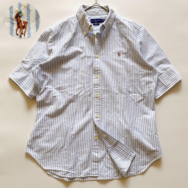 Ralph Lauren ラルフローレン ブルーストライプシャツ 5分袖 半袖 ボタンダウン BDシャツ ポニー刺繍 SLIM FIT スリムフィット L ホワイト
