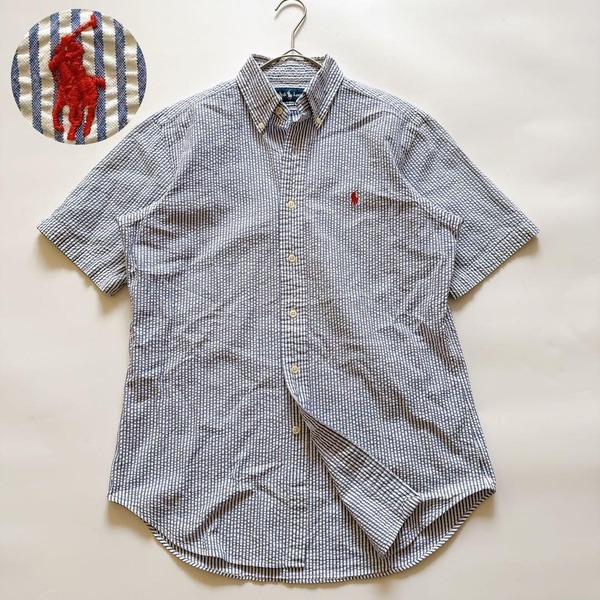 RalphLauren ラルフローレン シアサッカー CLASSIC FIT クラシックフィット 半袖 ブルーストライプ ボタンダウン BDシャツ ポニー刺繍 S