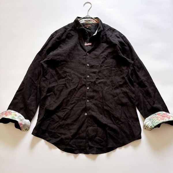 最高級 Paul Smith Collection ポールスミスコレクション 長袖シャツ リネン 麻100% 襟裏花柄 切替 カッタウェイ ボタンダウン ブラック L