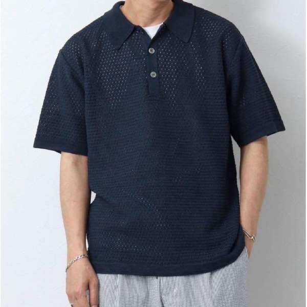 23SS BATONER バトナー SUMMER KNIT POLO サマーニットポロシャツ メッシュ風編地 ショートスリーブ 半袖ニットポロ ネイビー 濃紺 3