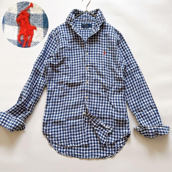 Ralph Lauren ラルフローレン 長袖シャツ リネン 麻100% ギンガムチェック SLIM FIT スリムフィット ポニー刺繍 イタリアンカラー M L