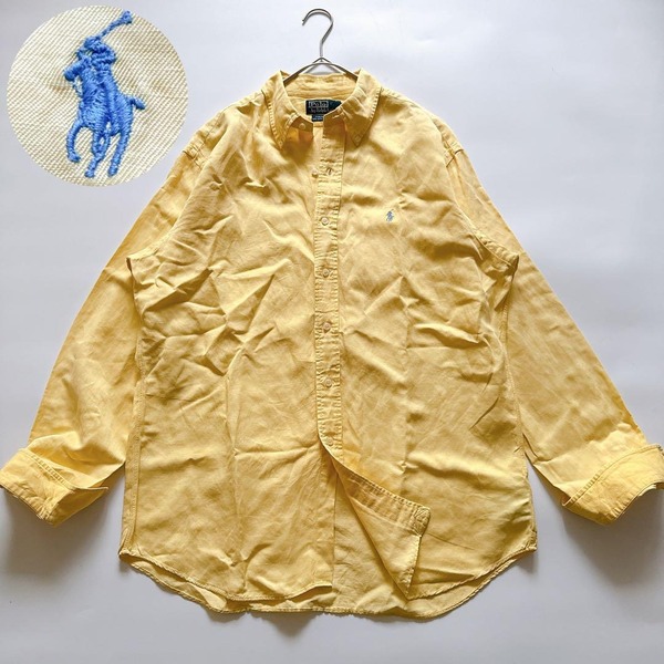 激レア Ralph Lauren ラルフローレン シルクリネン 絹 麻 長袖シャツ カスタムフィット CUSTOM FIT ポニー刺繍 L 黄色 イエロー